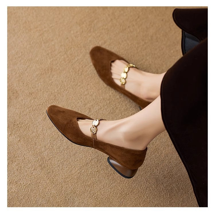 French Retro Square Toe Low-cut Suede Pumps Women's Autumn New