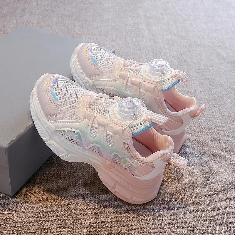 Girls Sneakers with Sweet Flowers Children Running Shoes Rotating Button New Kids Sports Shoes Princess Style Comfortable