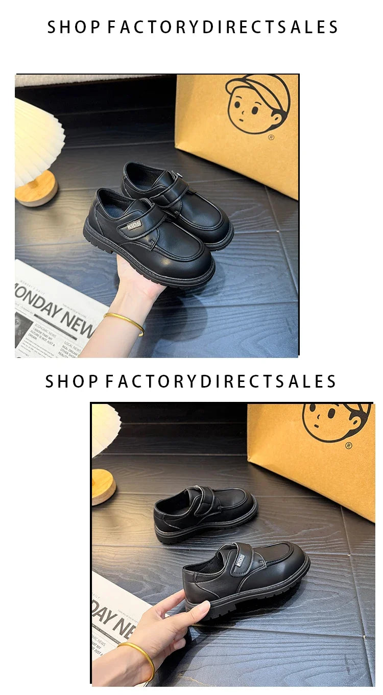 Boys Casual Leather Shoes Black Party Shoes for Formal Wedding School Fashion Classic Hook & Loop Kids Fashion Casual Loafers