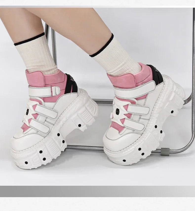 Woman Sneakers New Punk Style Women Shoes Gothic Ankle Rock Boots Lace-up Heel Height Platform Shoes Woman Metal Decor