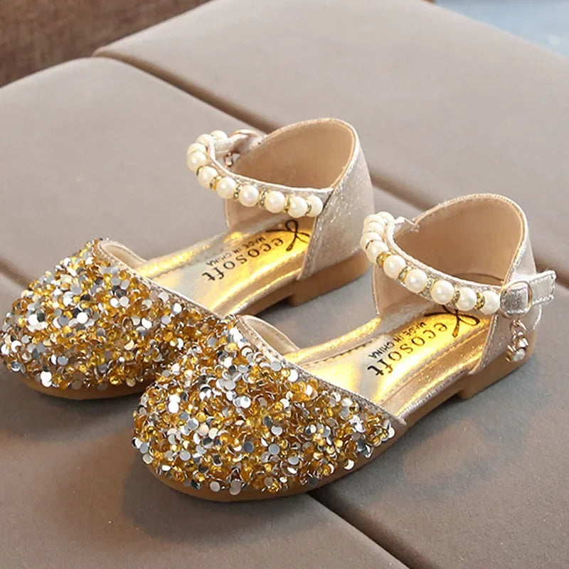 Princess Girls Party Dance Shoes Student Flats Children Pearl Sequin Sandals Kids Performance Grand Event