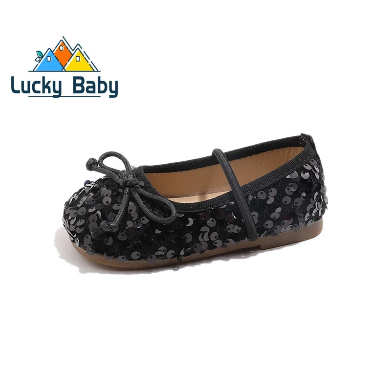 Girls Shoes Kids Glitter Leather Shoes for Wedding Stage Party Sequins Bling Shiny with Bow-knot Princess Soft Children's Flats