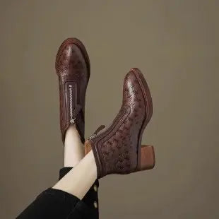 Women's Short Boots New Autumn Winter Zipper Vintage Chunky Heel Middle Heel Shoes Comfortable Warm Non Slip Fashion Boots