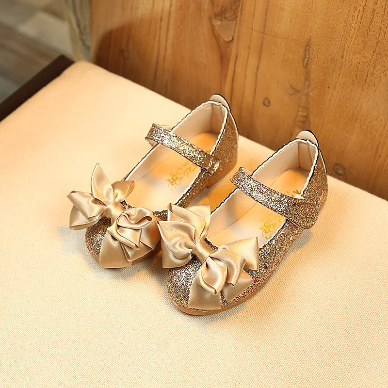 Glitter with Bow-knot Princess Sweet Bling Dress Shoes for Dance Party Girls Leather Shoes for Toddlers Kids Big Children Flats