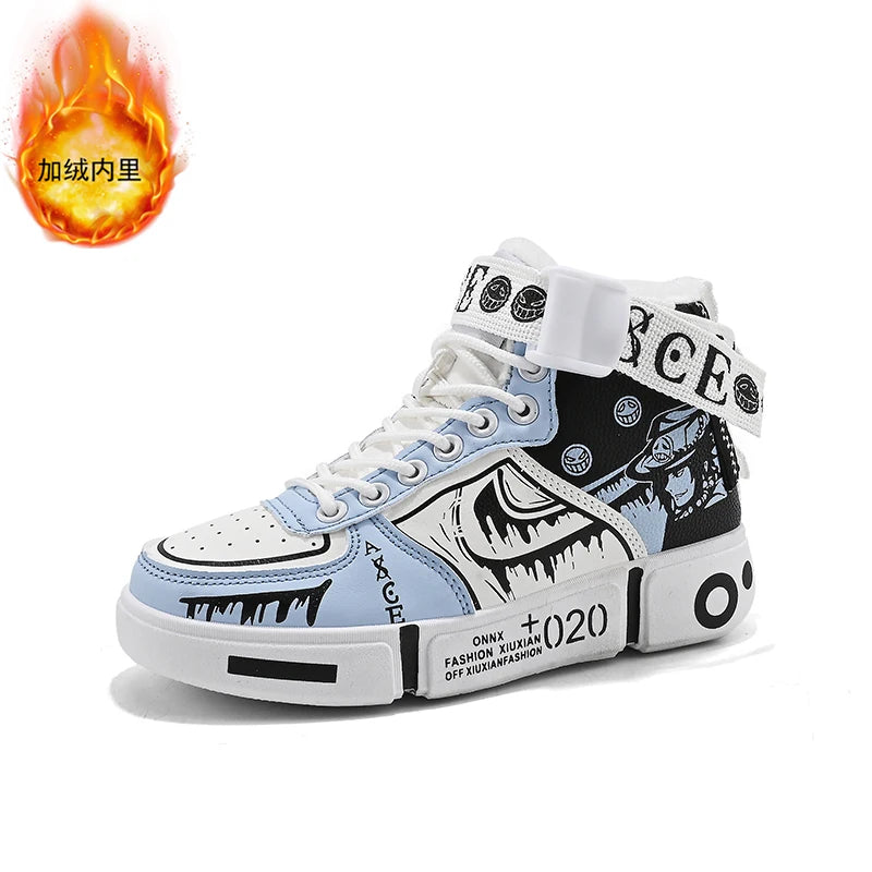 Boys' high-top sneakers Autumn new style children's sports shoes Buckle student soft-soled fleece casual shoes
