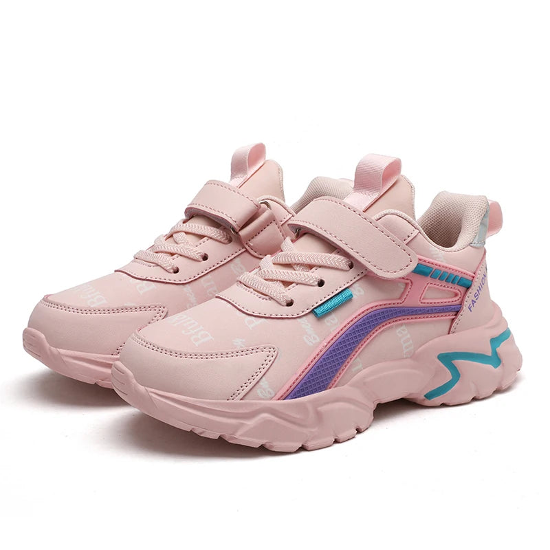Children's Casual Pink Girls' Leather Shoes, Fashionable Lightweight Running Shoes for Teenagers Aged 7-15, Student Kids' Sports Shoes for Girls
