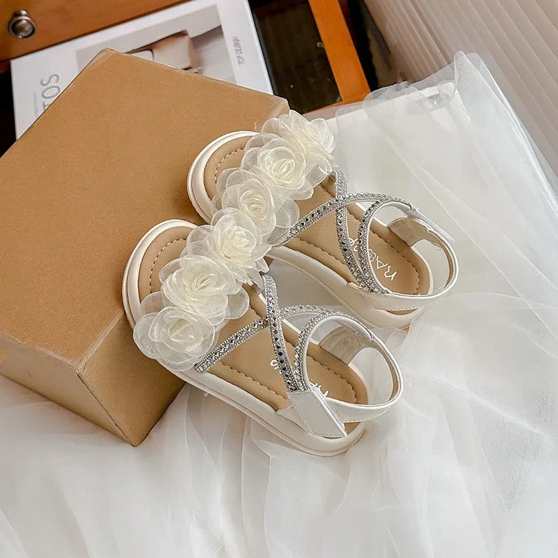 Girls Princess Sandals with Flowers Summer Fashion Children Rhinestone Performance Shoes Big Kids Gladiator Sandals 2025 New