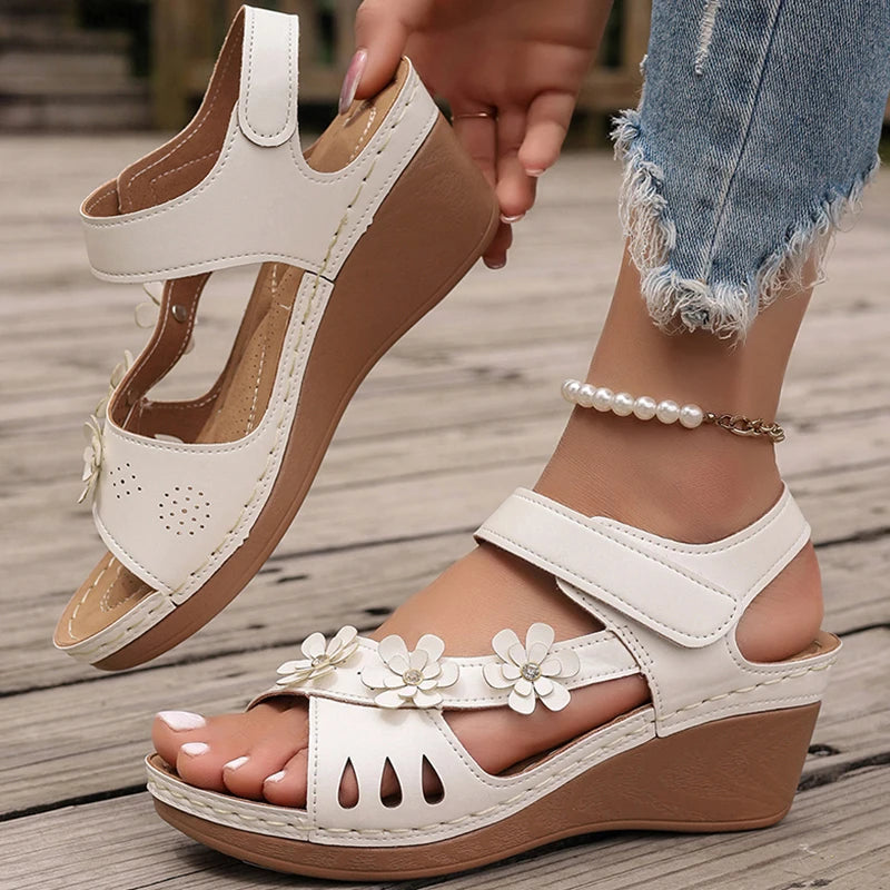 Women's Sandals New Wedges Heels Sandals For Summer Shoes Women Luxury Flower Sandalias Mujer Soft Heeled Summer Footwear