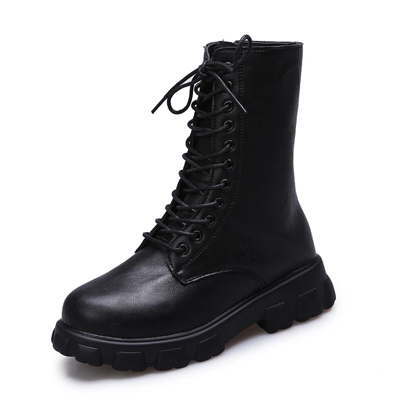 Boots Women Autumn Winter PU Leather White Ankle Boots Motorcycle Botines Female Chunky Heels Platform Boots Botas Mujer