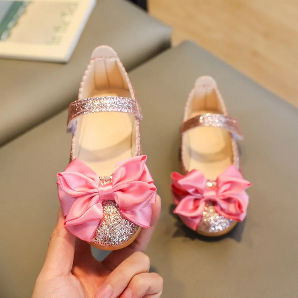 Female Glitter Princess Dress Shoes Soft Bottom Bow-knot Dance Party Shoes Bright Non-slip Leather Shoes Girls