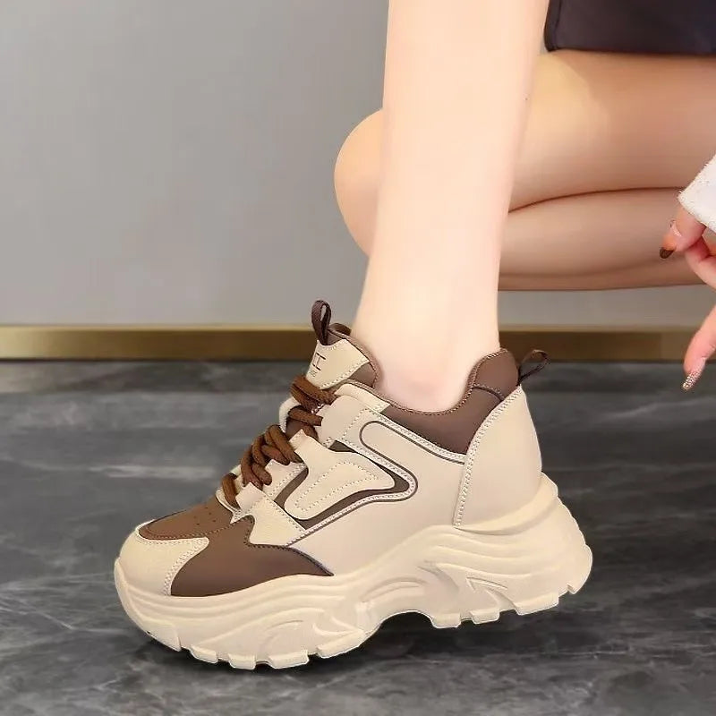 Women's 2026 Spring Sneakers with Thick Bottom and Leather Face High Inner Heel Shoes Comfortable for Sports and Casual Wear