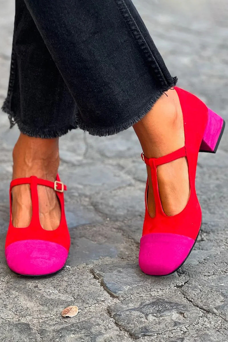 Comfortable Mid Heel Matching T-shaped Buckle With Square Toe Mary Jane Pumps