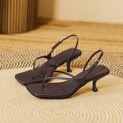 Soft Leather Square Toe High Heel Sandals For Women Summer