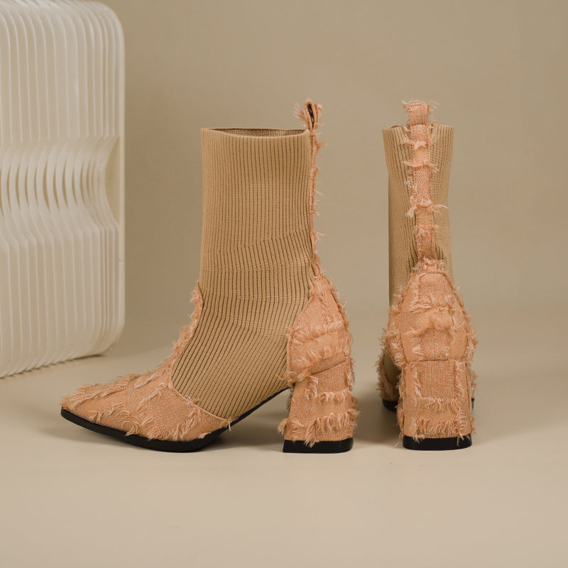 Women's Fringe And Knit Combination Mid-Calf Boots, Boho Chunky Block Heel Ankle Booties, Pointed Toe Slip-On Casual Boots With Raw Cut Edge Detail