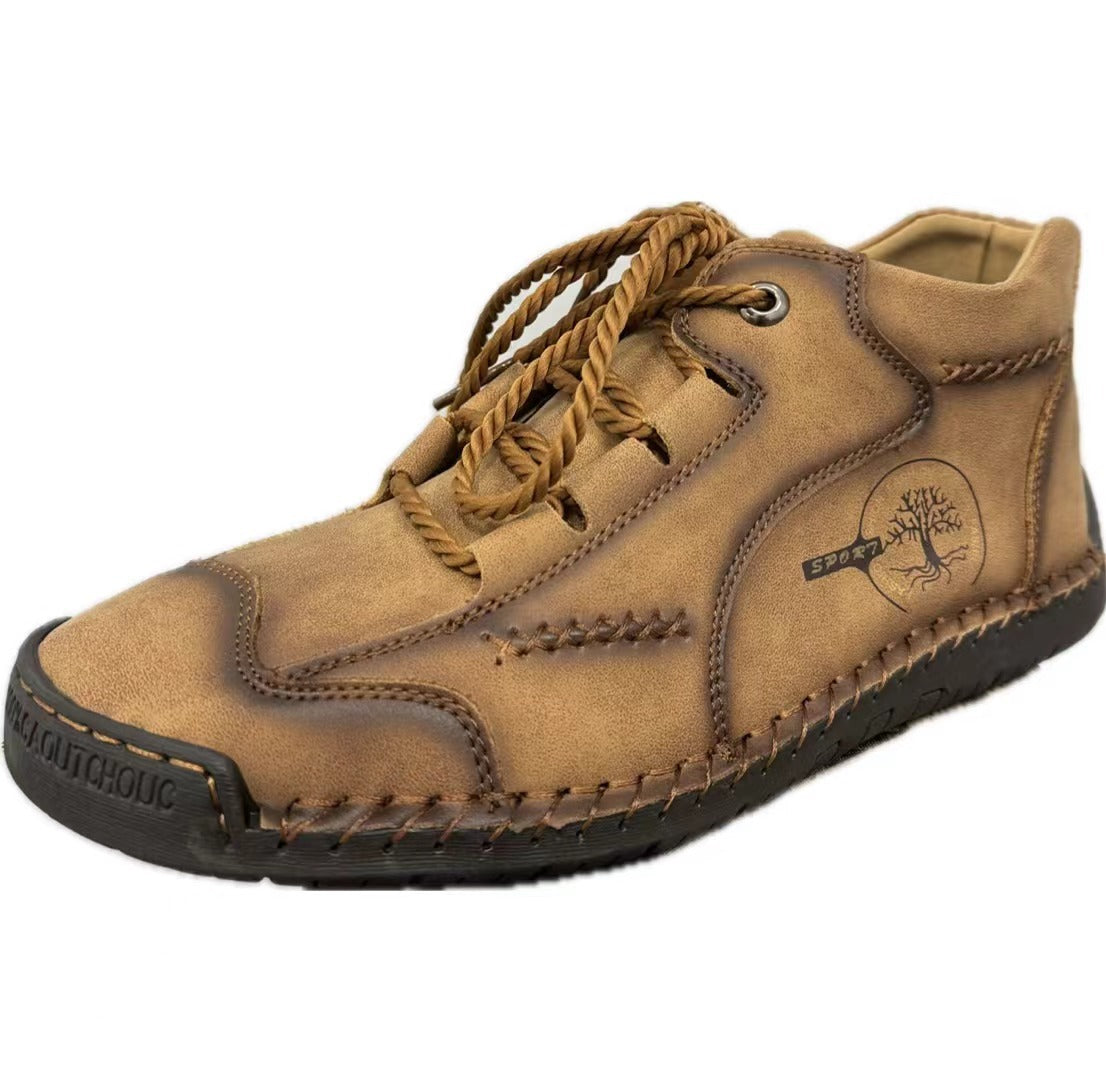 Men's Autumn Sewing High-top Leather Flat Outdoor Work Clothes Casual Shoes