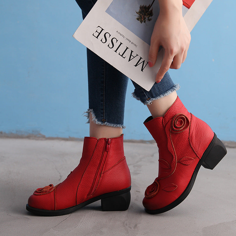 Chunky heel genuine leather ethnic style mid-heel Martin boots, handmade