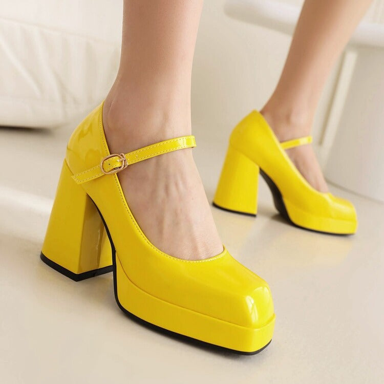 Spring Summer New Women's Shoes Mary Jane High Heels Patent Leather Square Toe