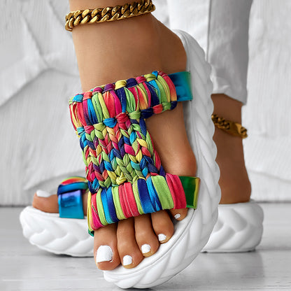 Platform Sandals Summer Braided Knit Hollow Open Toe Slipper Sandals - Anklet Not Included