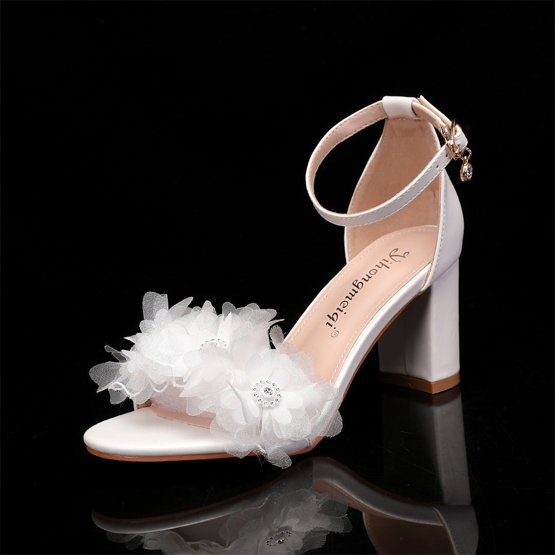 One Strap New Peep Toe High Heels Chunky Heel Low-cut Rhinestone