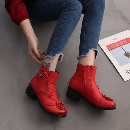 Chunky heel genuine leather ethnic style mid-heel Martin boots, handmade