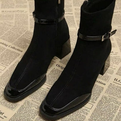 Retro French British Style Black Square Toe Leather Suede Ankle Side Zip Boots