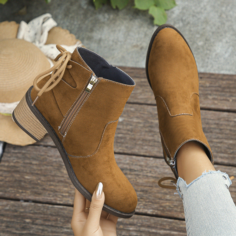 Plus Size Back Bandage Retro Chunky Heel Side Zipper Martin Boots