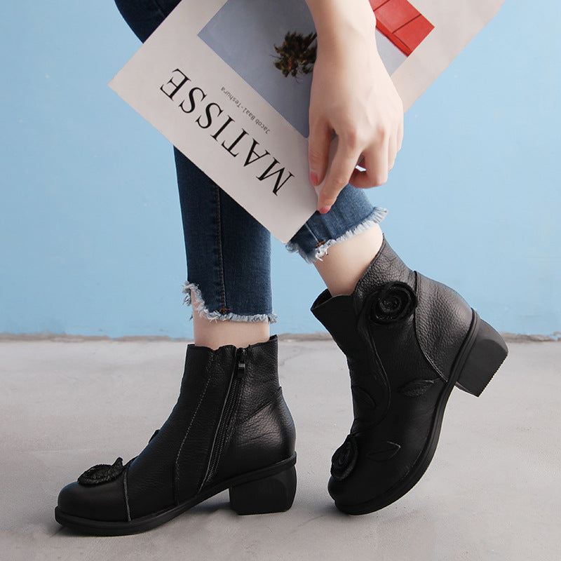 Chunky heel genuine leather ethnic style mid-heel Martin boots, handmade