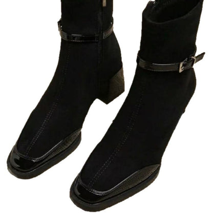 Retro French British Style Black Square Toe Leather Suede Ankle Side Zip Boots