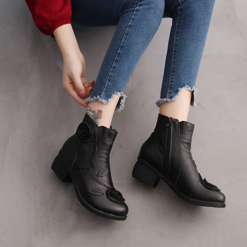 Chunky heel genuine leather ethnic style mid-heel Martin boots, handmade