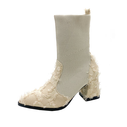 Women's Fringe And Knit Combination Mid-Calf Boots, Boho Chunky Block Heel Ankle Booties, Pointed Toe Slip-On Casual Boots With Raw Cut Edge Detail