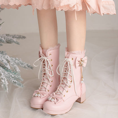 Female Bow Thick Heeled Short Boots Lolita Shoes