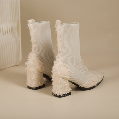Women's Fringe And Knit Combination Mid-Calf Boots, Boho Chunky Block Heel Ankle Booties, Pointed Toe Slip-On Casual Boots With Raw Cut Edge Detail