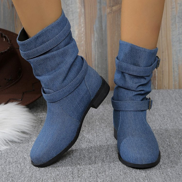 Square Heel Round Toe Women's Denim  Boots