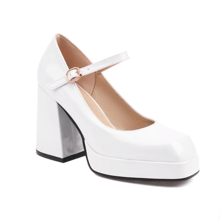 Spring Summer New Women's Shoes Mary Jane High Heels Patent Leather Square Toe