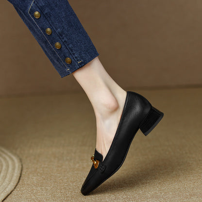 Spring And Autumn New Retro Square Toe Leather Shoes For Women