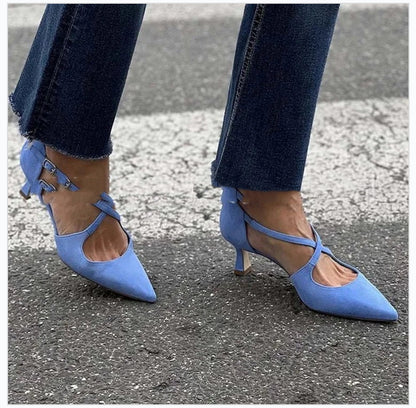 Plus Size Pointed Toe Suede Cross Buckle Strap Hollowed Sandals