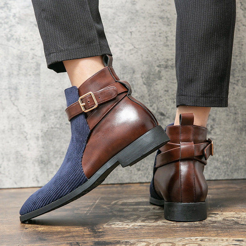 Men's High Top Working Wear Retro Platform British Style Color Block Biker Short Boots
