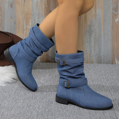 Square Heel Round Toe Women's Denim  Boots