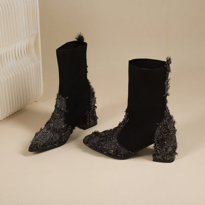 Women's Fringe And Knit Combination Mid-Calf Boots, Boho Chunky Block Heel Ankle Booties, Pointed Toe Slip-On Casual Boots With Raw Cut Edge Detail
