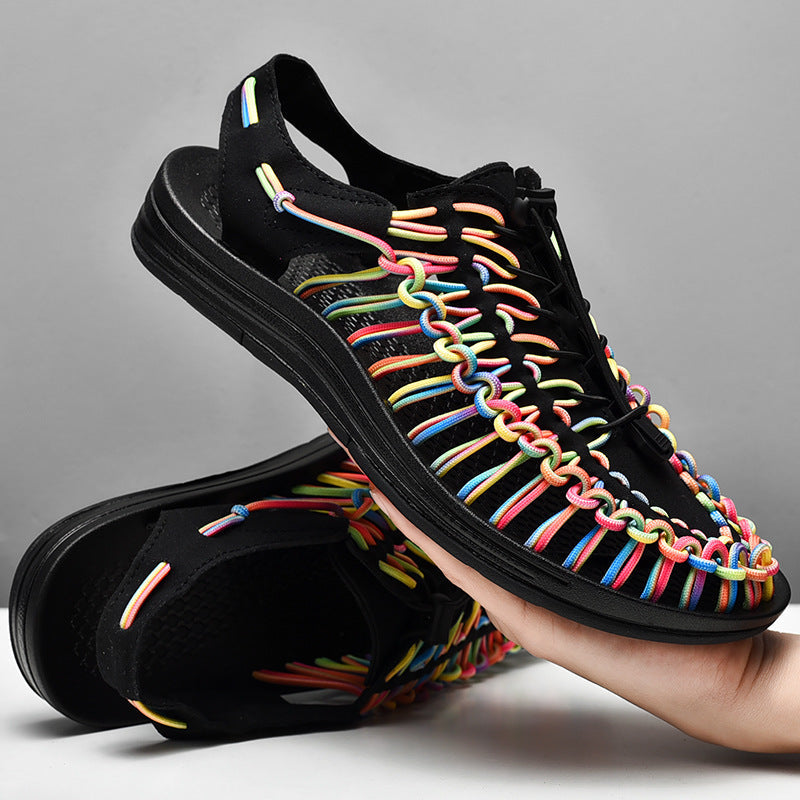 Fashion Woven Sandals Women Men Drawstring Tie Roman Shoes Summer (Available)