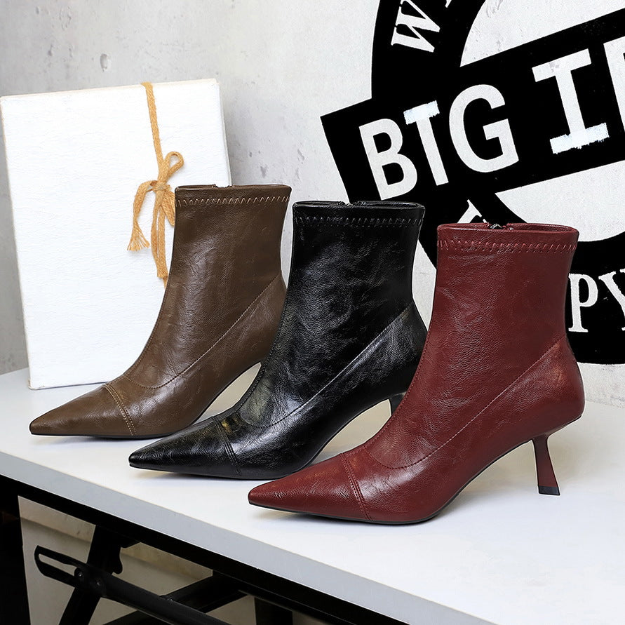 Slim Retro Soft Leather Pointed Toe Bare Single Boots Thin Heel