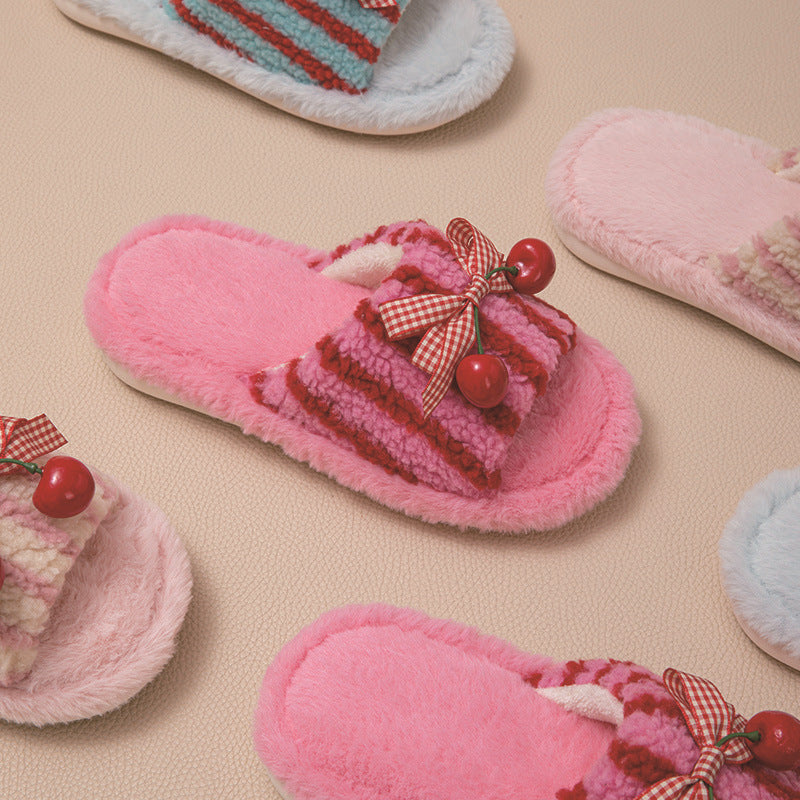 Contrast Color Cherry Open Plush Slippers