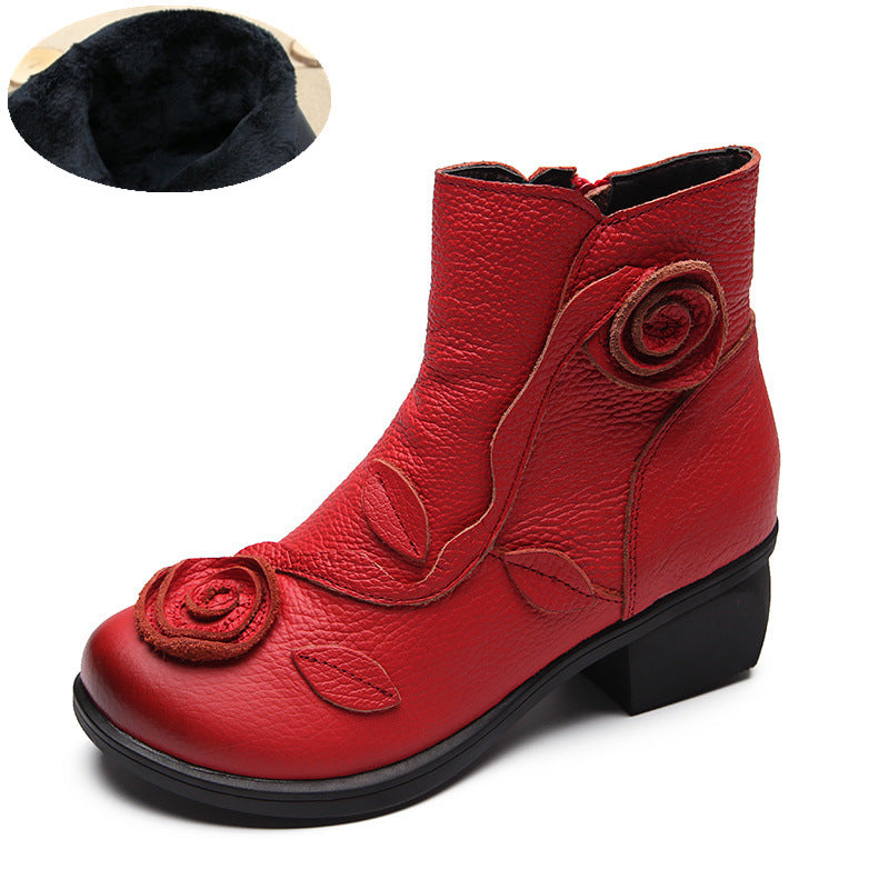 Chunky heel genuine leather ethnic style mid-heel Martin boots, handmade