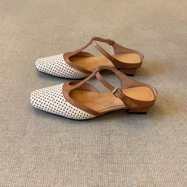 Women's Elegant Retro Soft Bottom Square Toe Color-blocking Sandals