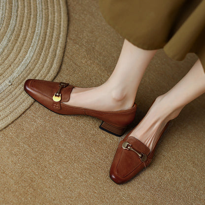 Spring And Autumn New Retro Square Toe Leather Shoes For Women