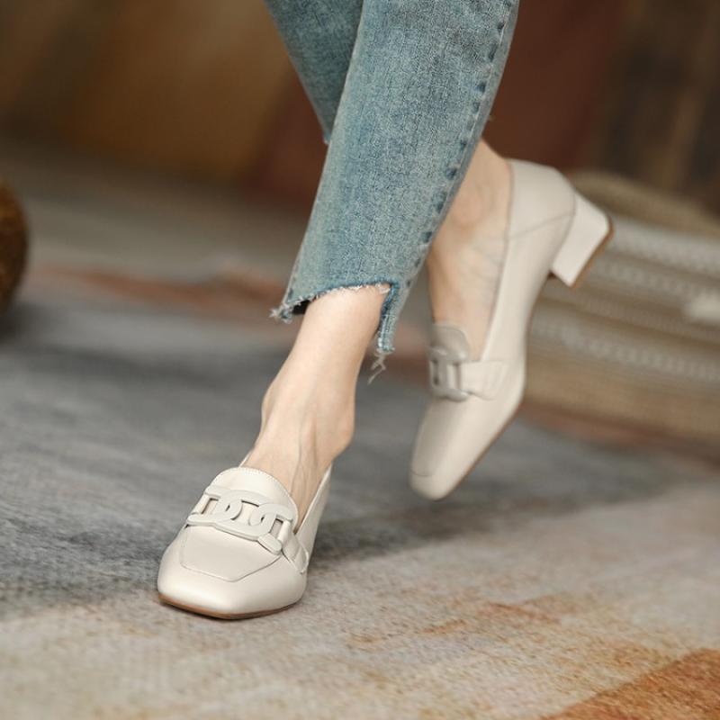 British Style Chunky Heel Pumps One Pedal Loafer Women's Mid Heel