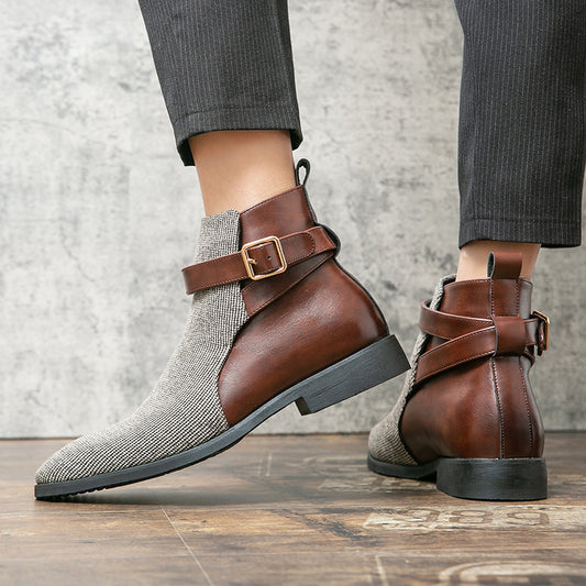 Men's High Top Working Wear Retro Platform British Style Color Block Biker Short Boots