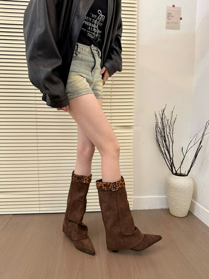Retro Western Slimming Belt Buckle Middle Boots