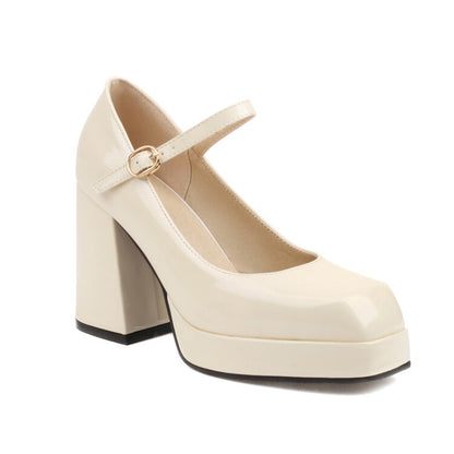 Spring Summer New Women's Shoes Mary Jane High Heels Patent Leather Square Toe