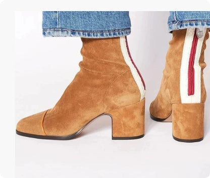 High Heel Square Toe Large Size Suede Color Matching Low-cut Martin Boots